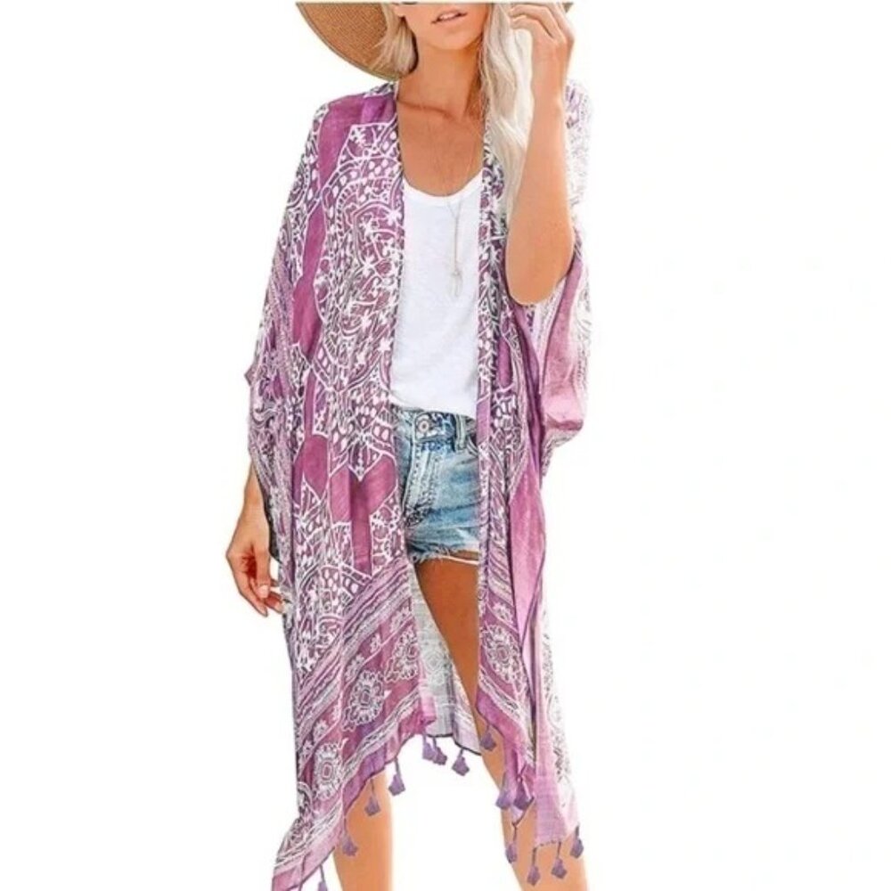 New Beautiful Rose Pink Kimono Swimsuit Beach Summer Cover Swimwear Cardigan - Picture 2 of 4